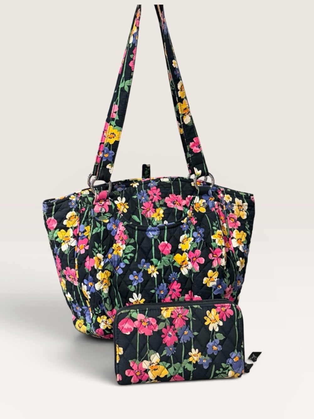 Vera Bradley Black Floral Quilted Tote Bag Wildflower Garden Wallet